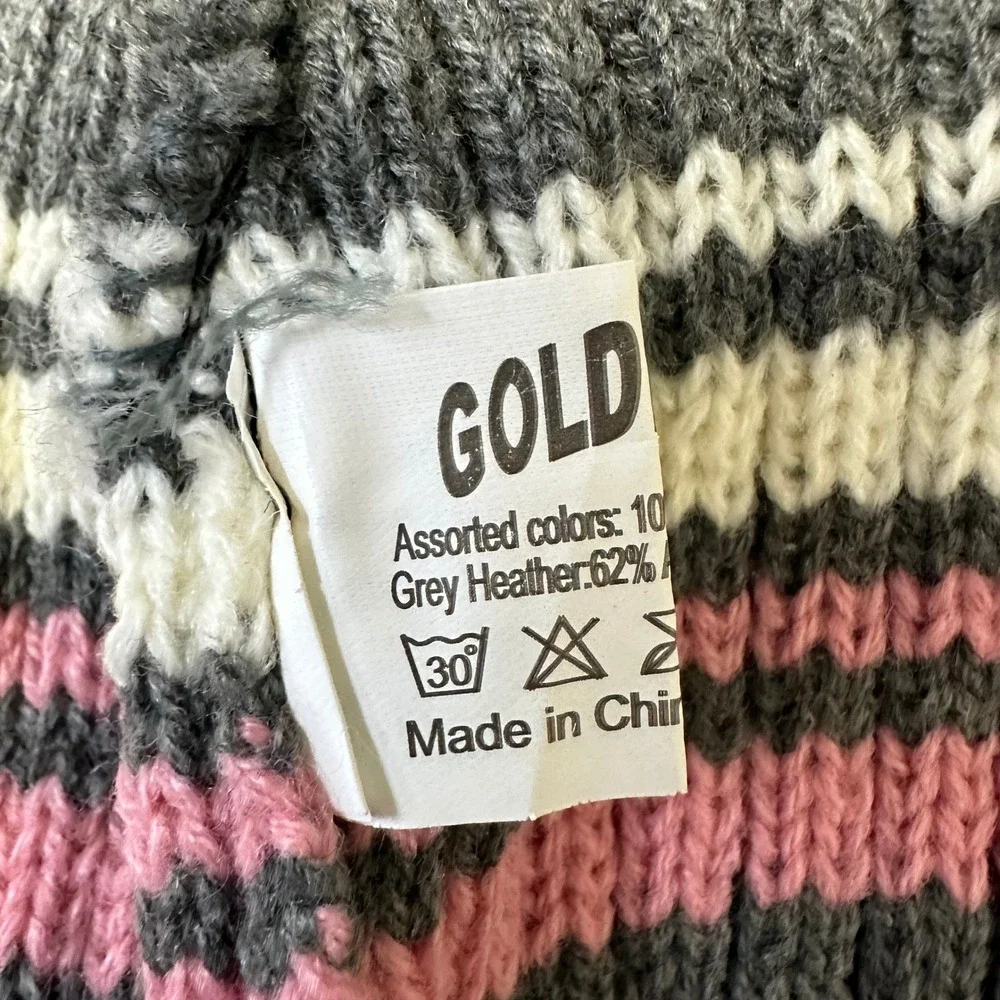 Gold Beanie Womens Size OS Gray Pink Striped Ribbed Knit Winter Hat Casual